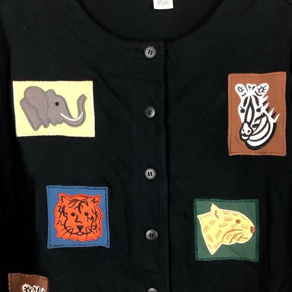Vintage Bechamel Black Cardigan Teacher Sweater Animal Patches Petites Size 1X - Picture 2 of 8
